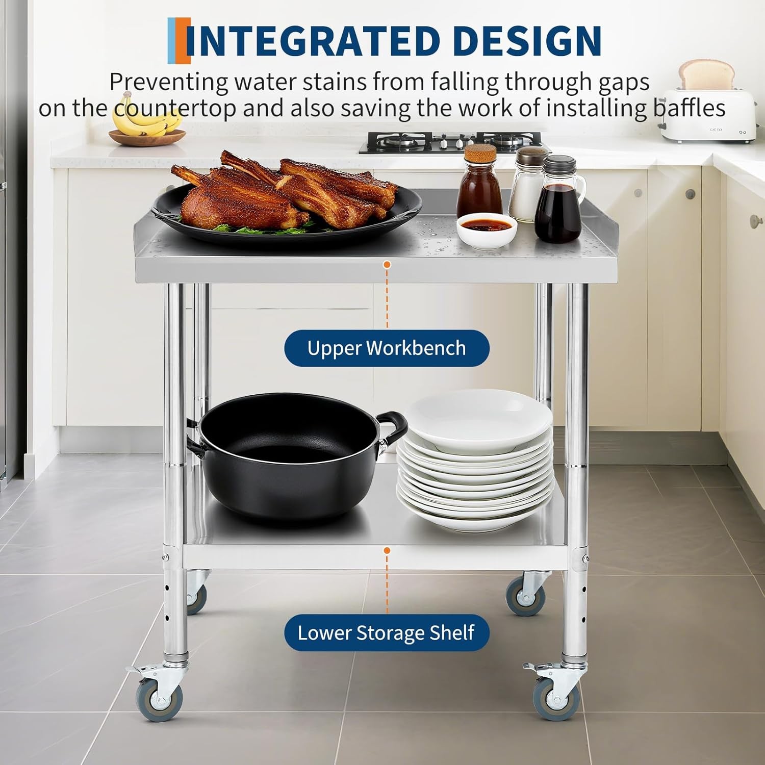 24×24″ Stainless Steel Grill Stand Table Commercial Kitchen Food Table w/ Wheels