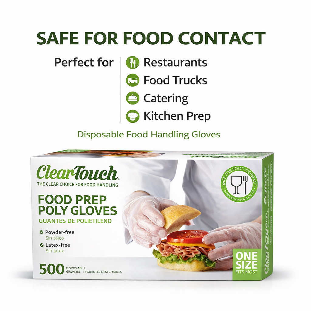 Clear Touch Food Prep Poly Gloves – Latex and Powder Free – One Size Fits Most