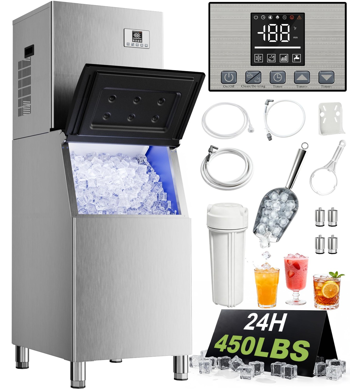 Landeagle Commercial Ice Maker Machine 450Lbs/24H with 250Lbs Storage, Self-Clea