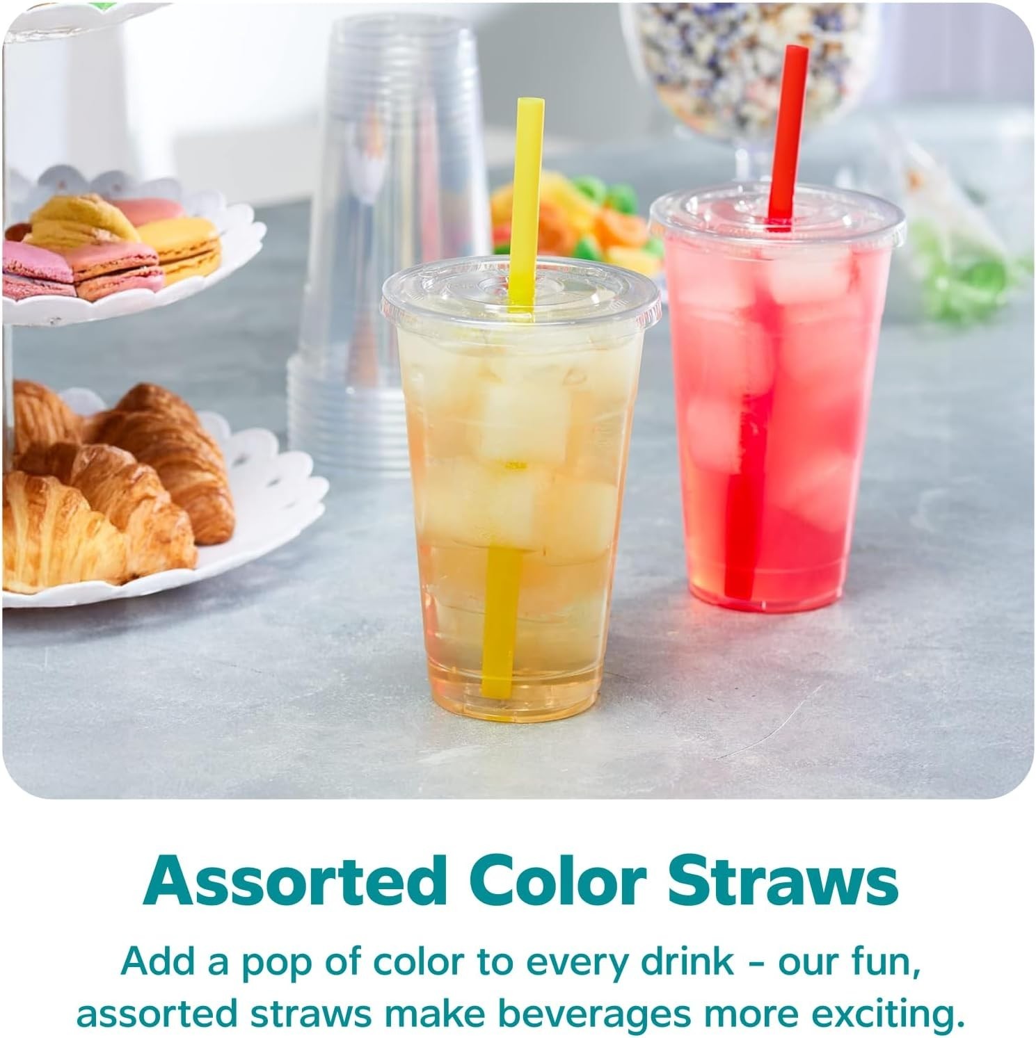 24 oz. – 100 Count Clear Cups with Flat Lids & Straws – Disposable Clear Drin…