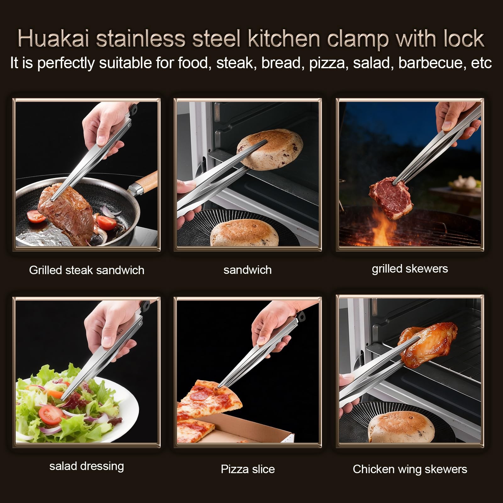Huakai 12-inch Locking Stainless Steel Kitchen Tongs 12inch, Silver