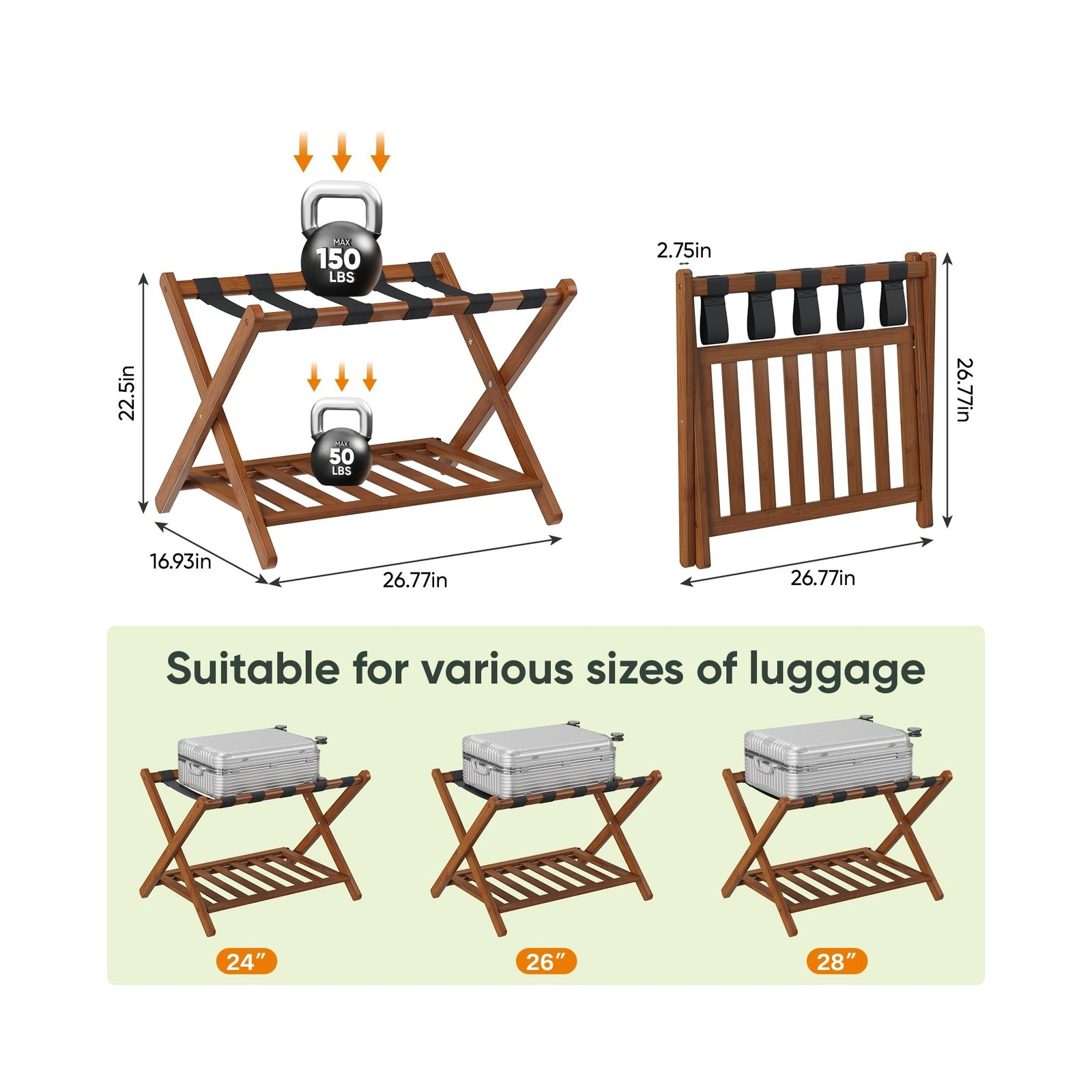 Smart FENDEE Bamboo Luggage Rack Fully Assembled, Walnut Folding Suitcase Sta…