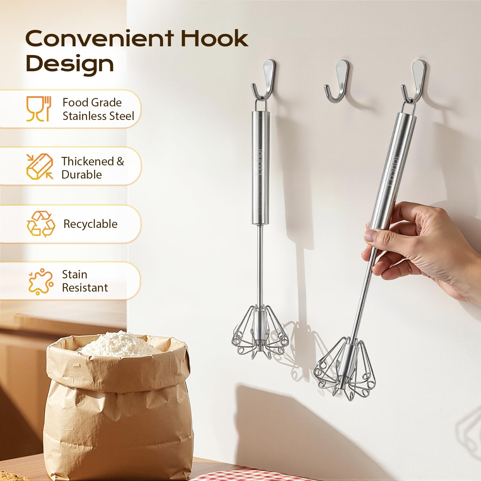 Upgraded Stainless Steel Semi-Automatic Whisk, Easy Push Hand 10 inch, Sliver