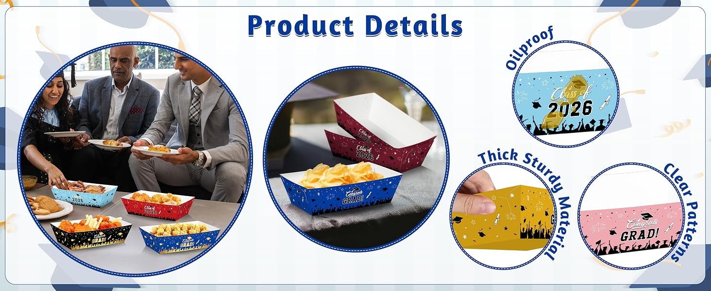 50 Pcs Graduation Decorations 2026, 2 Styles Graduation Food Trays Blue Serving