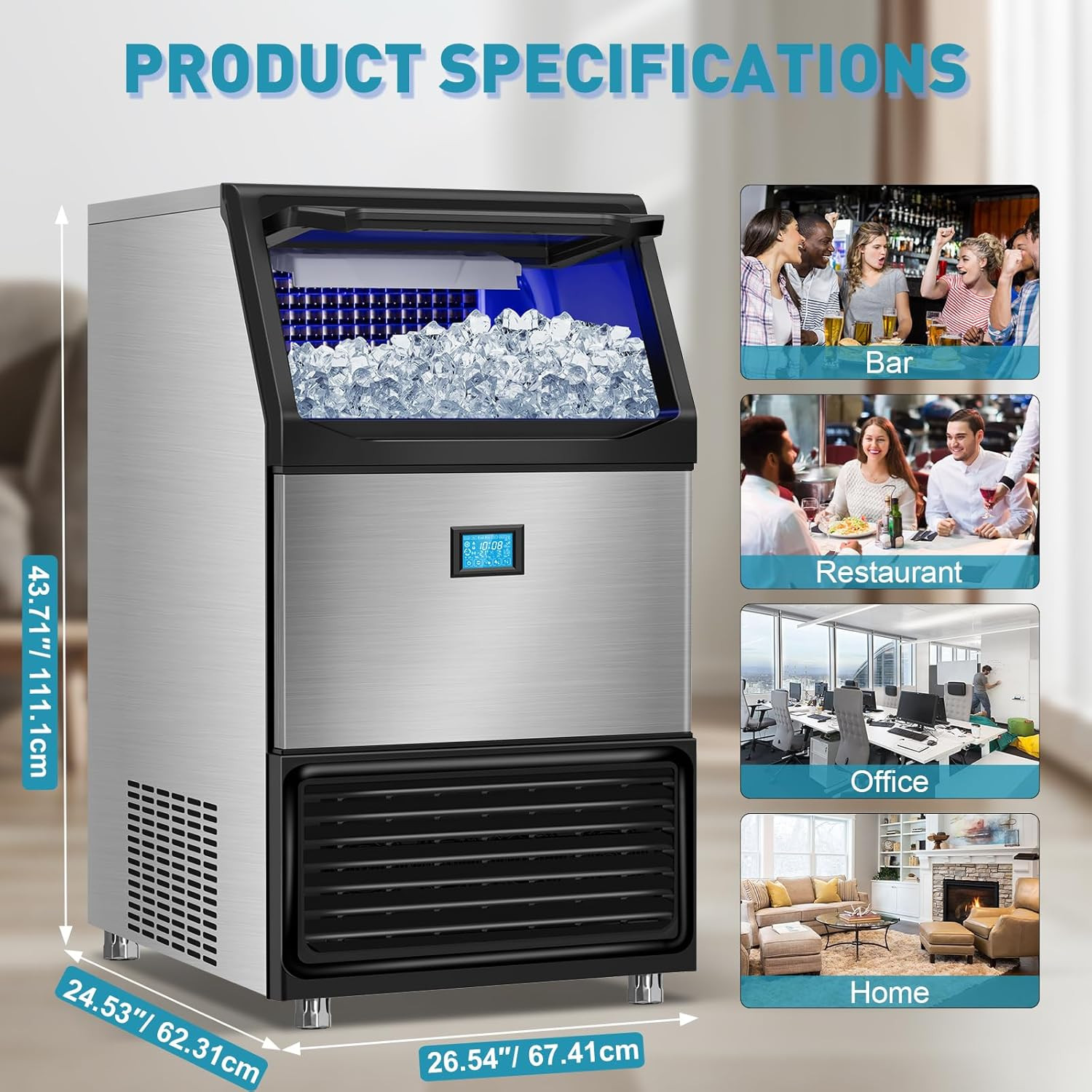 High Capacity Commercial Ice Maker 550LBS/24H with 185LBS Storage Bin