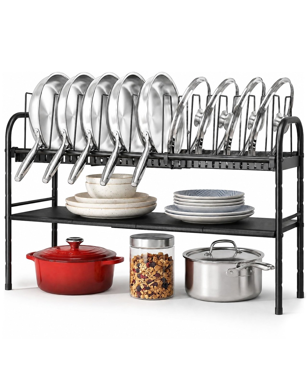 Vosturdy Pots and Pans Organizer Under Cabinet, Expandable 2 Tier Pot Black
