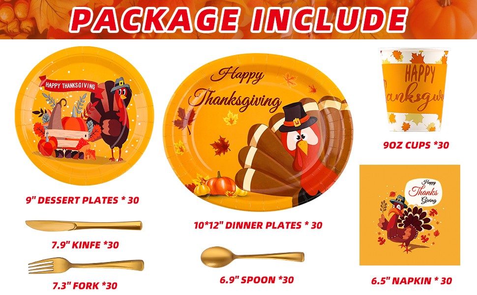 210Pcs Thanksgiving Paper Plates Set -(30 Guests) with 10 * 12inch Oval and