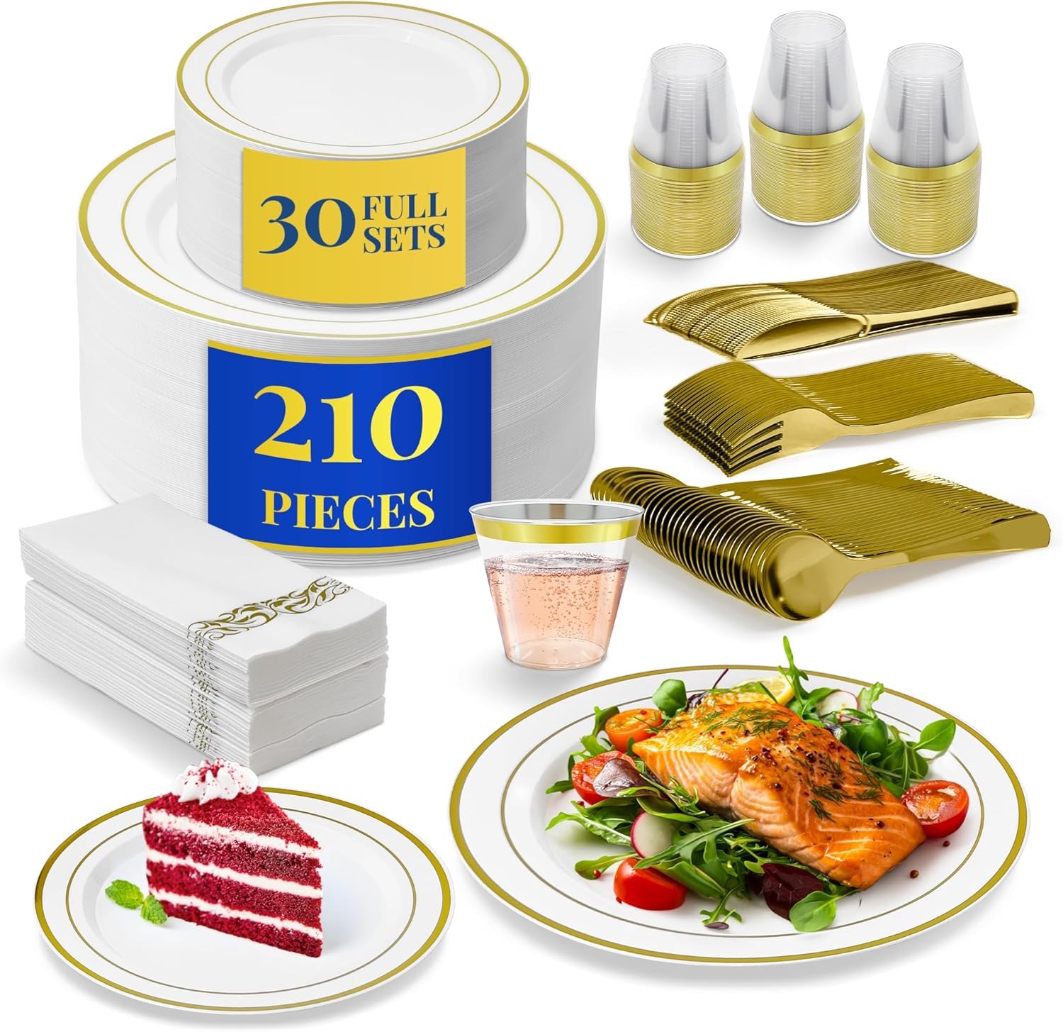 Plastic Plates for Party | 210 Pieces | White w/Gold Rim | Plates and Napkins