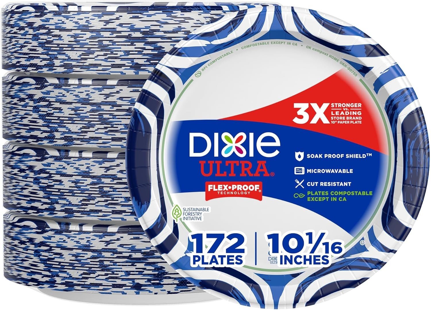 Dixie Ultra, Large Paper Plates, 10 Inch, 172 Count (4 packs of 43 plates), 3X S