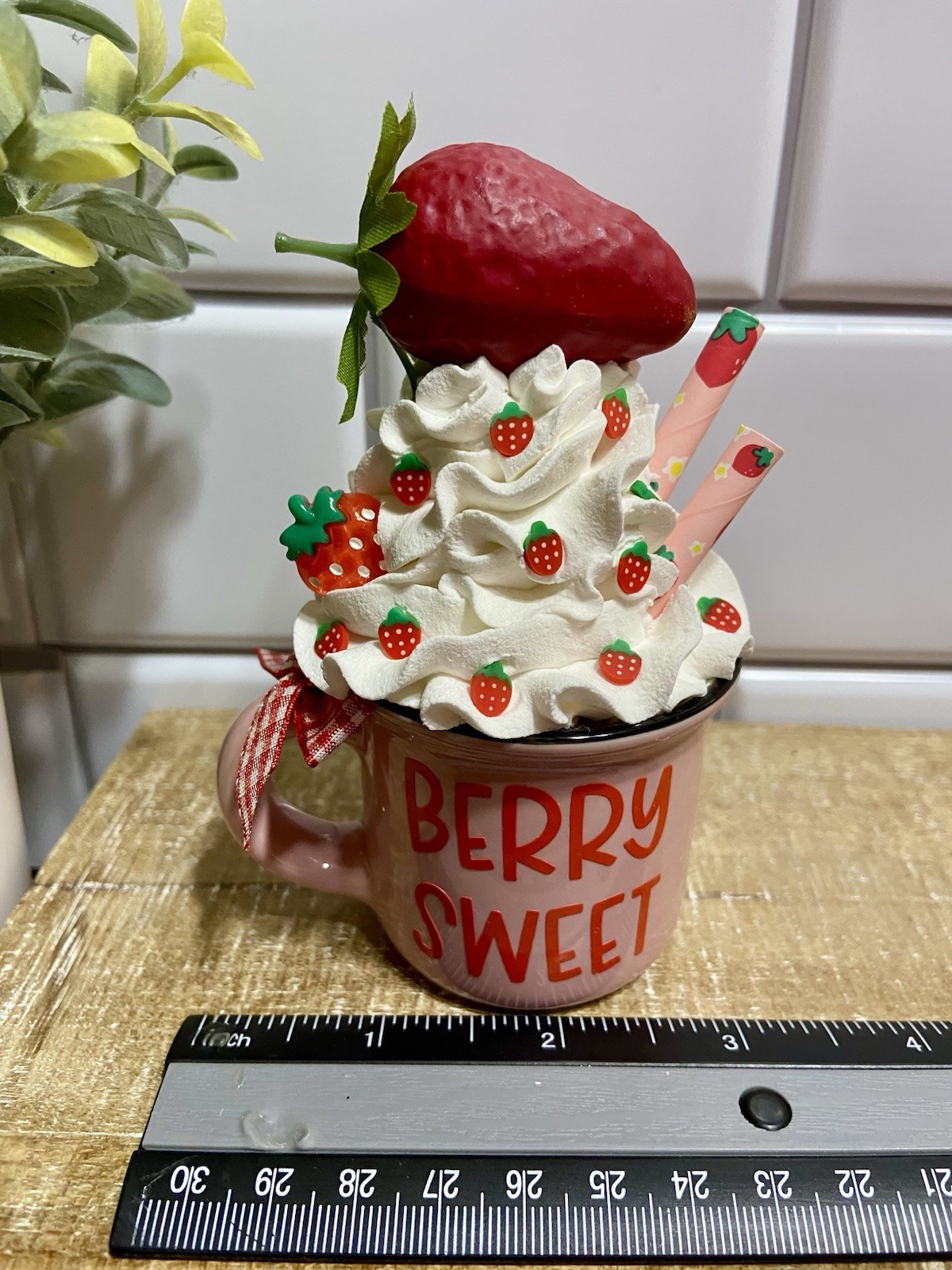 Cute STRAWBERRY Mini Ceramic Mug Faux Fake Whipped Cream Tiered Tray Decor 4.55″