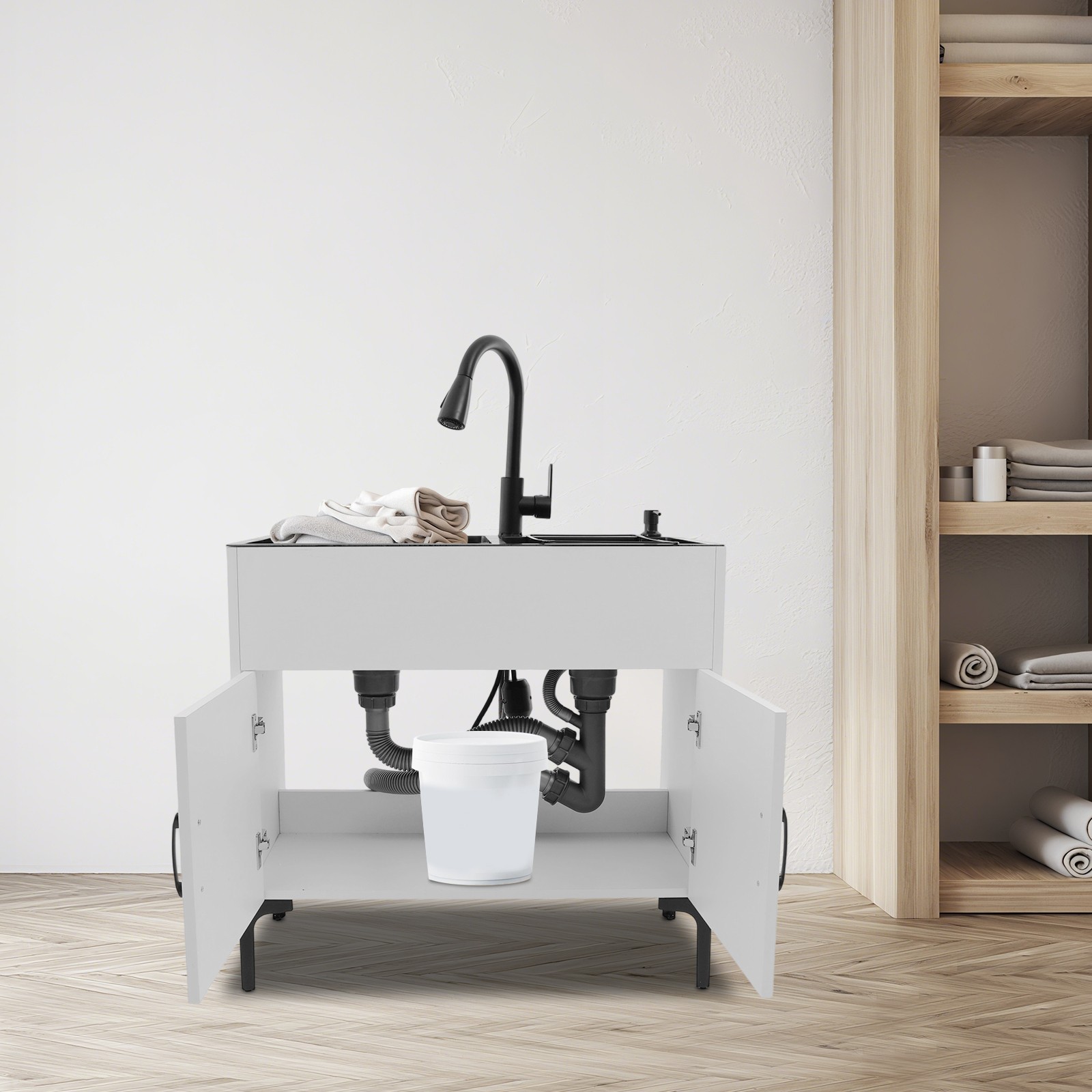 Sink with Pull-Out Faucet and Cabinet Freestanding Kitchen Sink with Cabinet