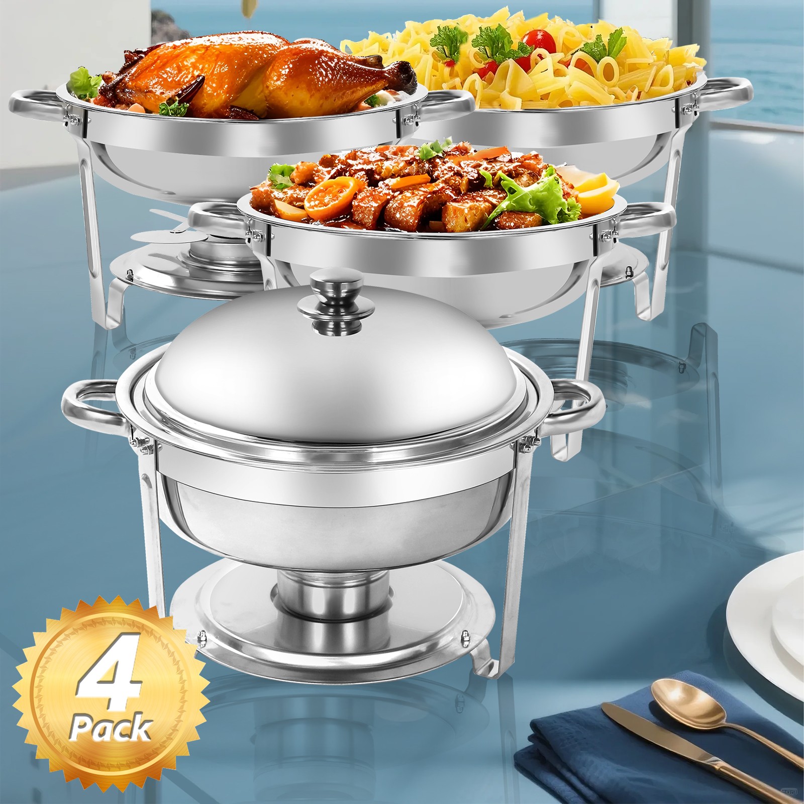 Chafing Dishes for Buffet 4 Pack 6 QT Round Stainless Steel Food Warmers Silver