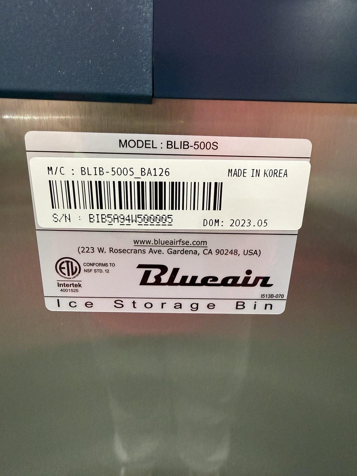 2023 BLUE AIR BLIB-500S ICE STORAGE BIN – 460 LBS.