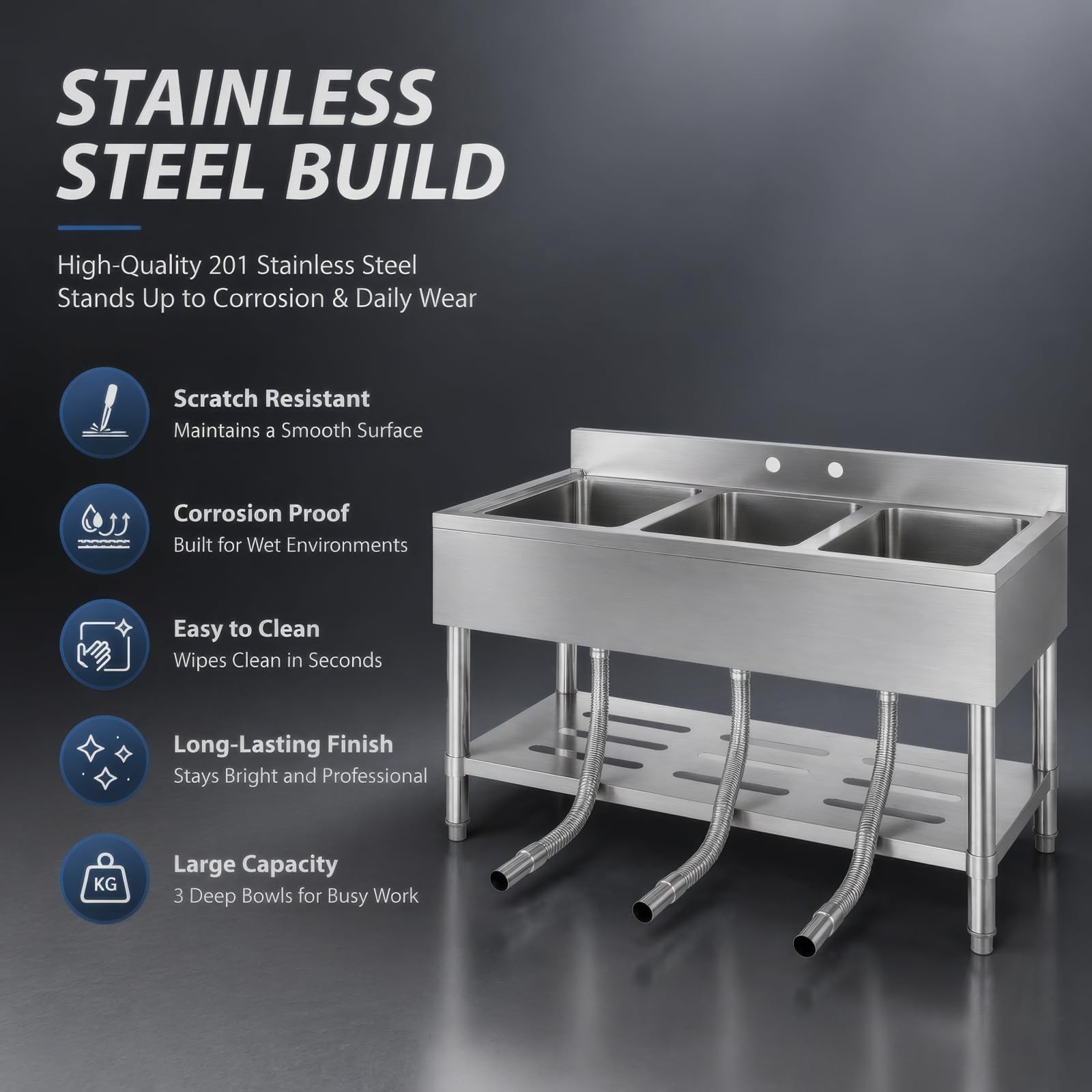 Commercial Kitchen Sink ,Freestanding 3-Compartment Stainless Steel Utility Sink