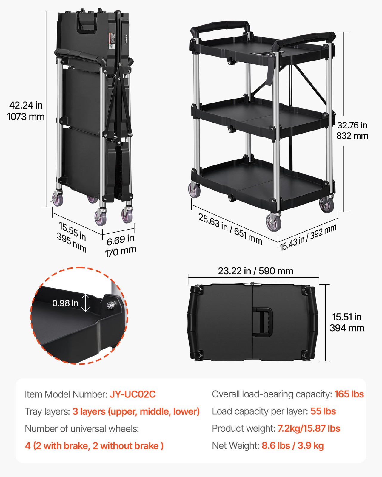 VEVOR Foldable Utility Service Cart 3 Shelf 165LBS with Swivel Lockable Wheels
