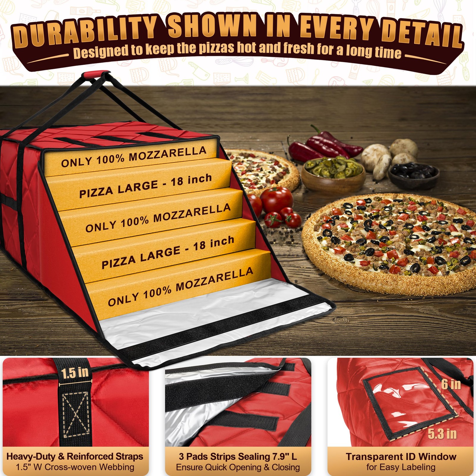 Thermal Insulated Pizza Bag 20″ x 20″ 11″ Warmer Holds 4-5 Large 18″ Boxes Red