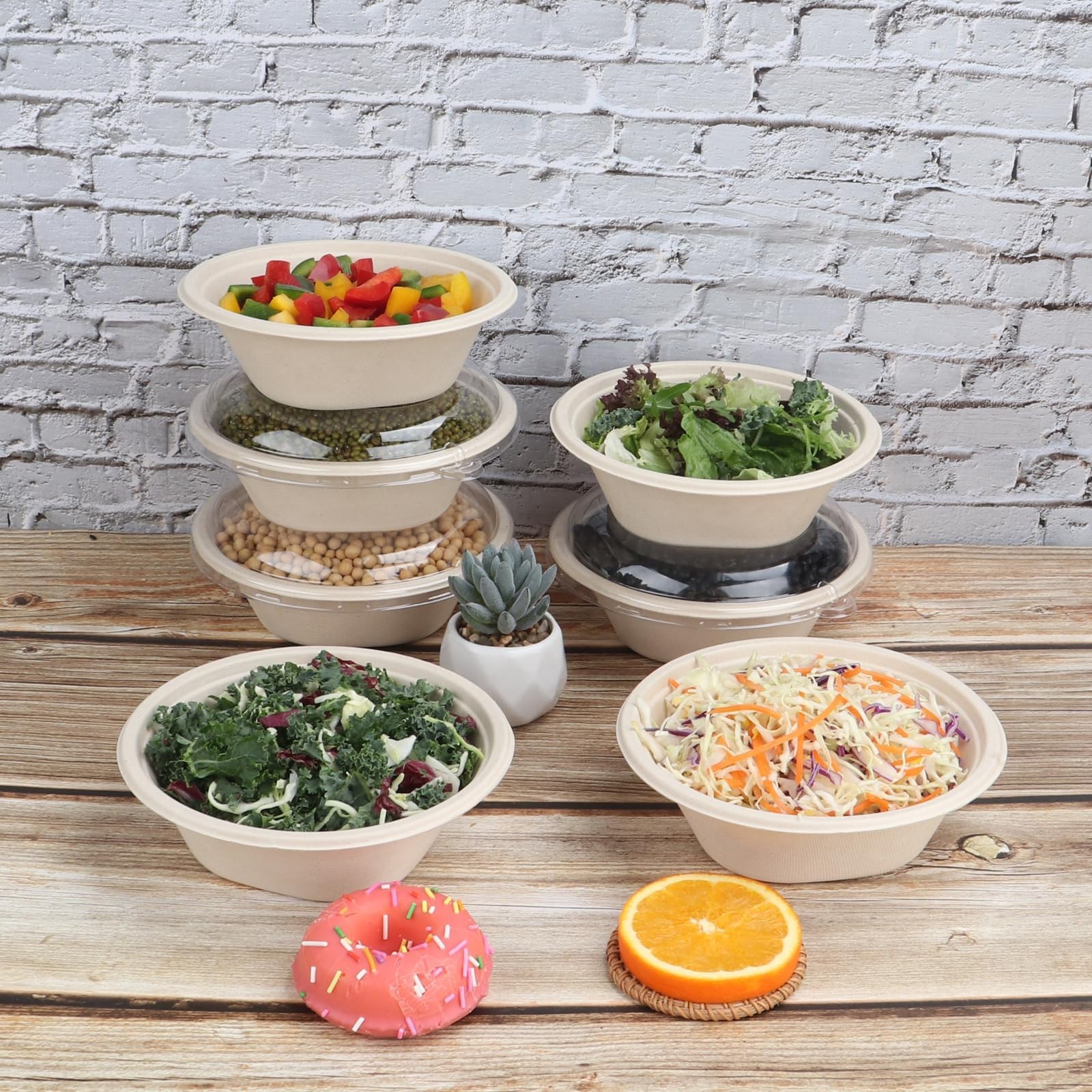 24 oz Round Disposable salad bowls with lids, Sugarcane Fiber Paper Bowls Pla…