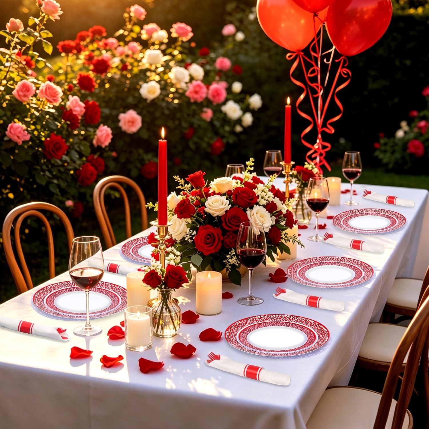 210Pcs Red Plastic Dinnerware for 30 Guests,Red Lace Disposable Plasticc Plates
