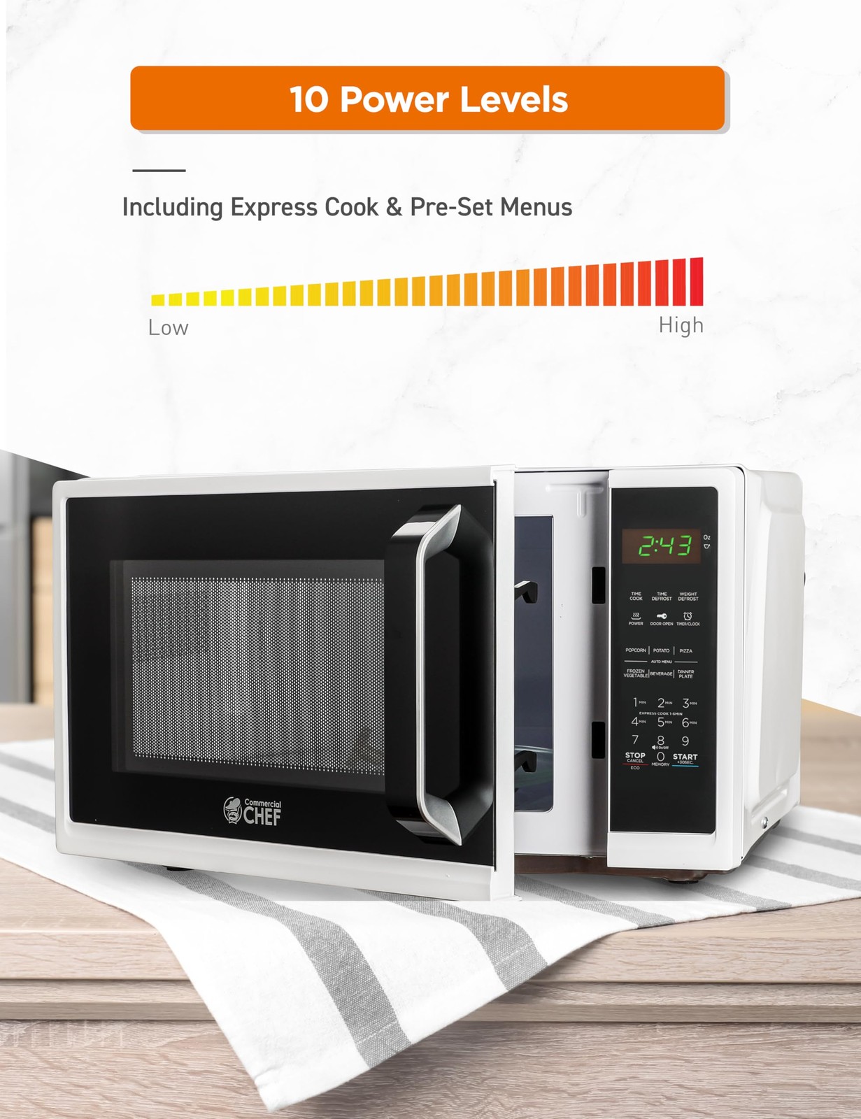 COMMERCIAL CHEF 0.9 Cubic Foot Microwave with 10 Power Feet, White
