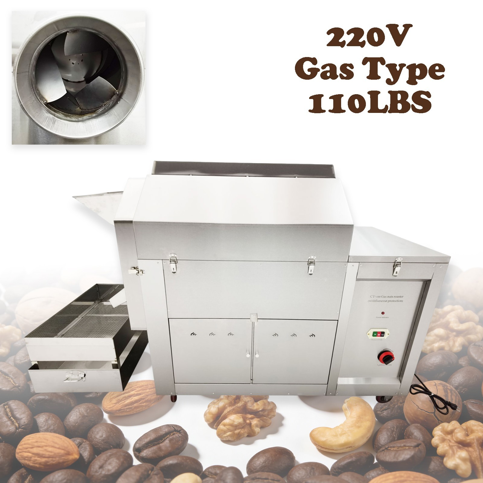 220V Fully Auto Gas Type Coffee Bean/Nut Roaster Drum Roasting Machine 110LBS