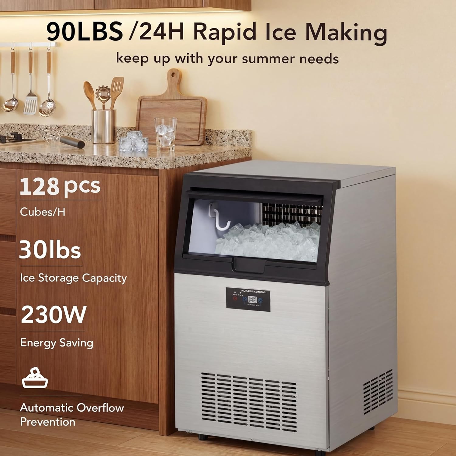 80LBS/24H Ice Maker 33LBS Storage 6 Sizes Quiet Stainless Steel Undercounter