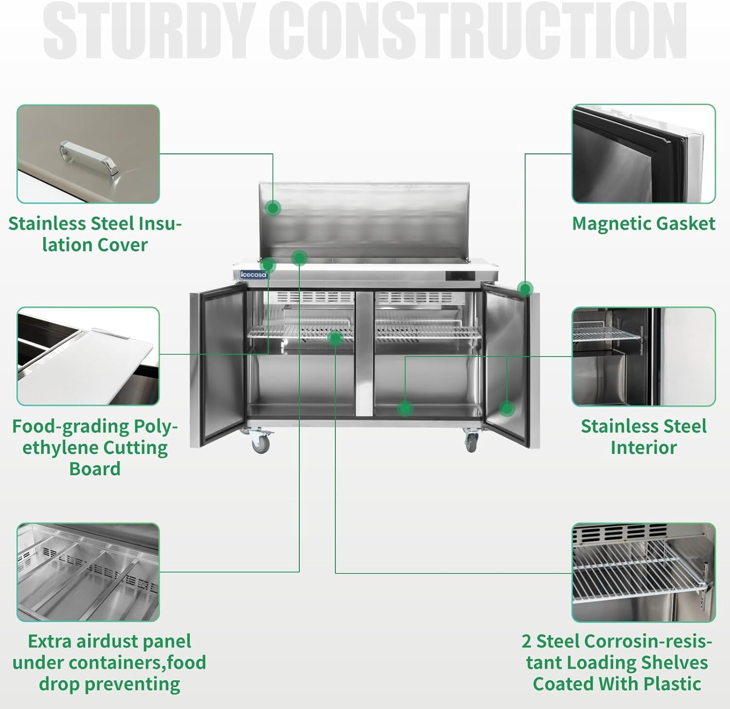 48″ Mega Top Sandwich Prep Table, ICECASA 2 Door Food Bain Marie Cooler, 18 Pans