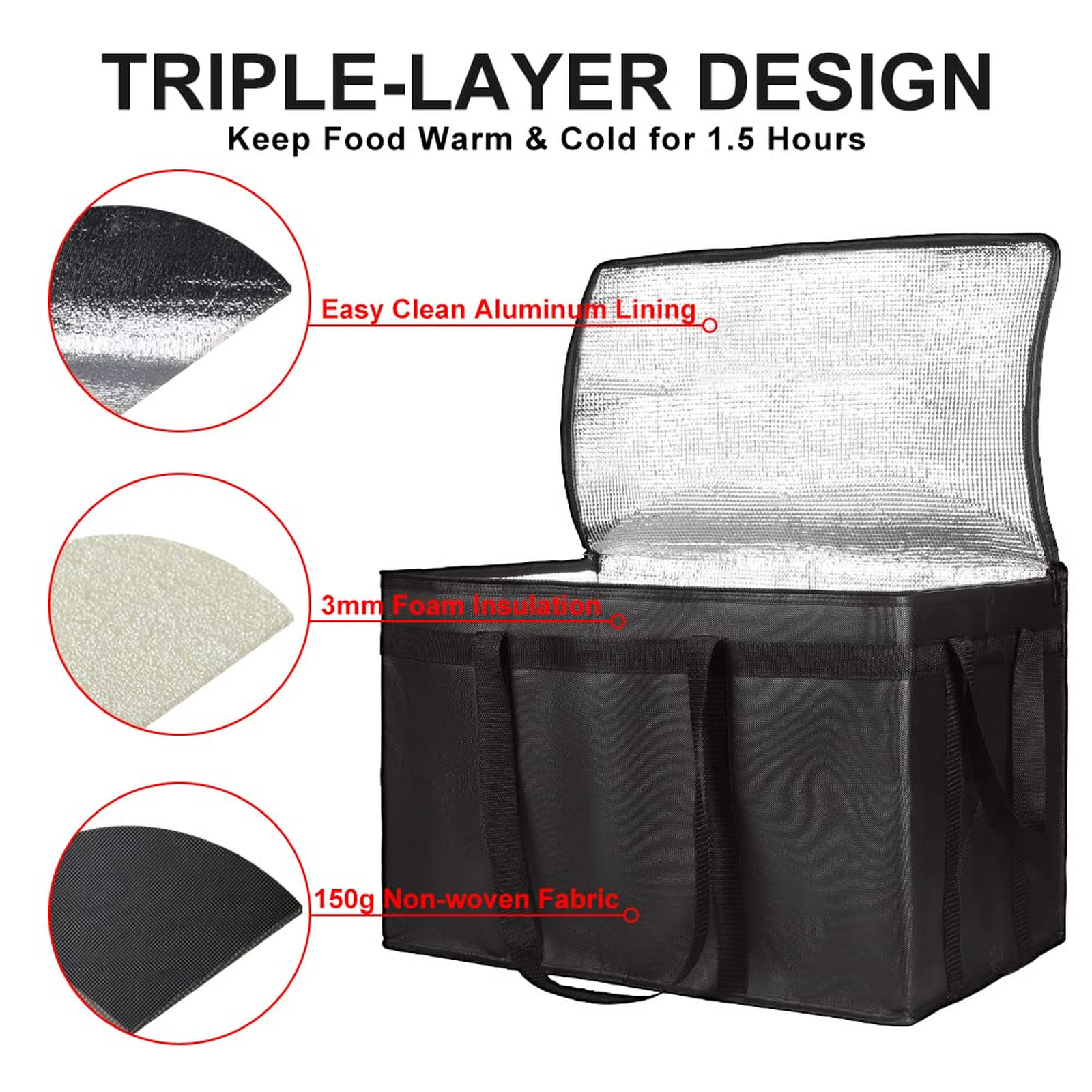 Insulated Food Delivery Bag Reusable Cooler Tote for Shopping Travel Catering