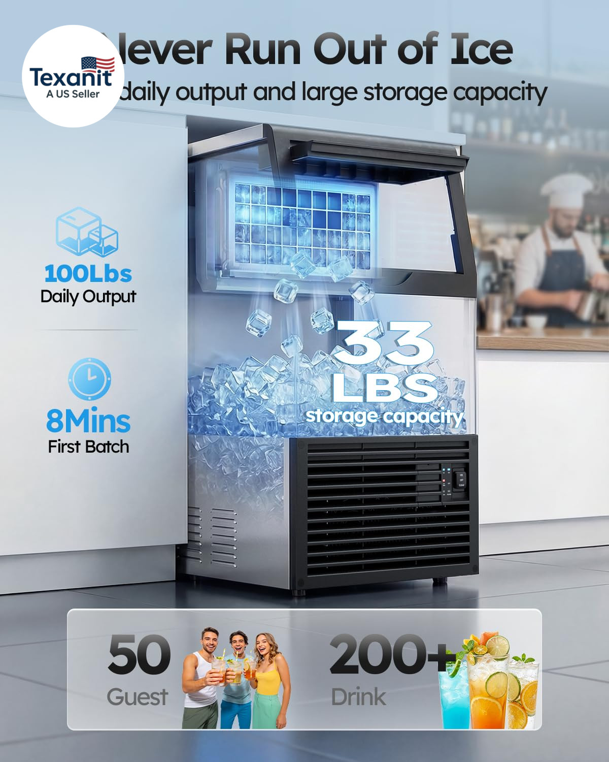 Commercial Ice Maker Machine, 100Lbs/24H with 33Lbs Ice Storage under Counter Ic
