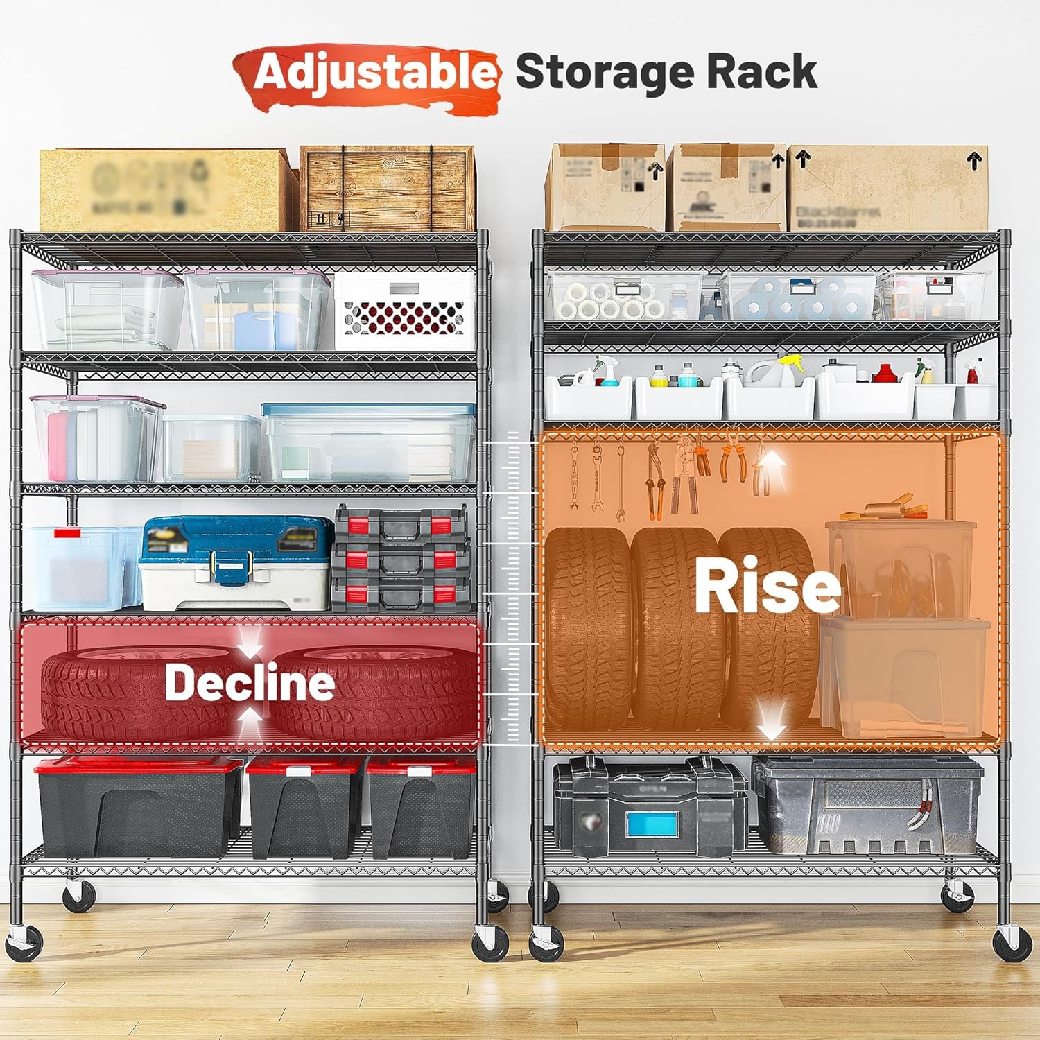 82″H X45″W X18″D Storage Shelves with Wheels, 6 Tier Wire Shelving Adjustable