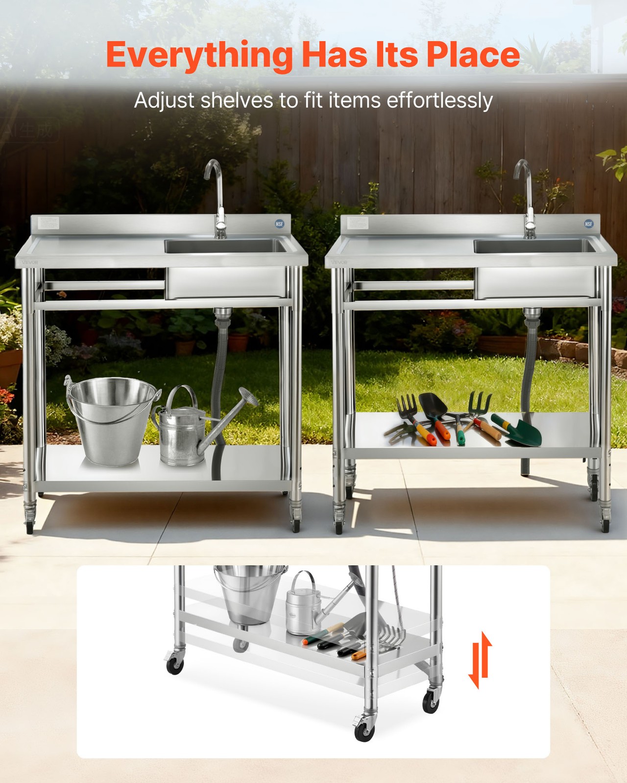 VEVOR Stainless Steel Utility Sink with Wheels Single Bowl 39.4 x 19.7 x 41.5 in
