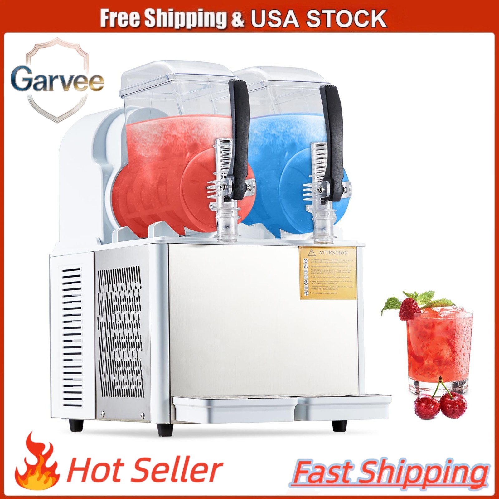 7.2L Commercial Slushie, Dual 4L SS, Self-Cleaning, 370W, Carbon Steel Handle