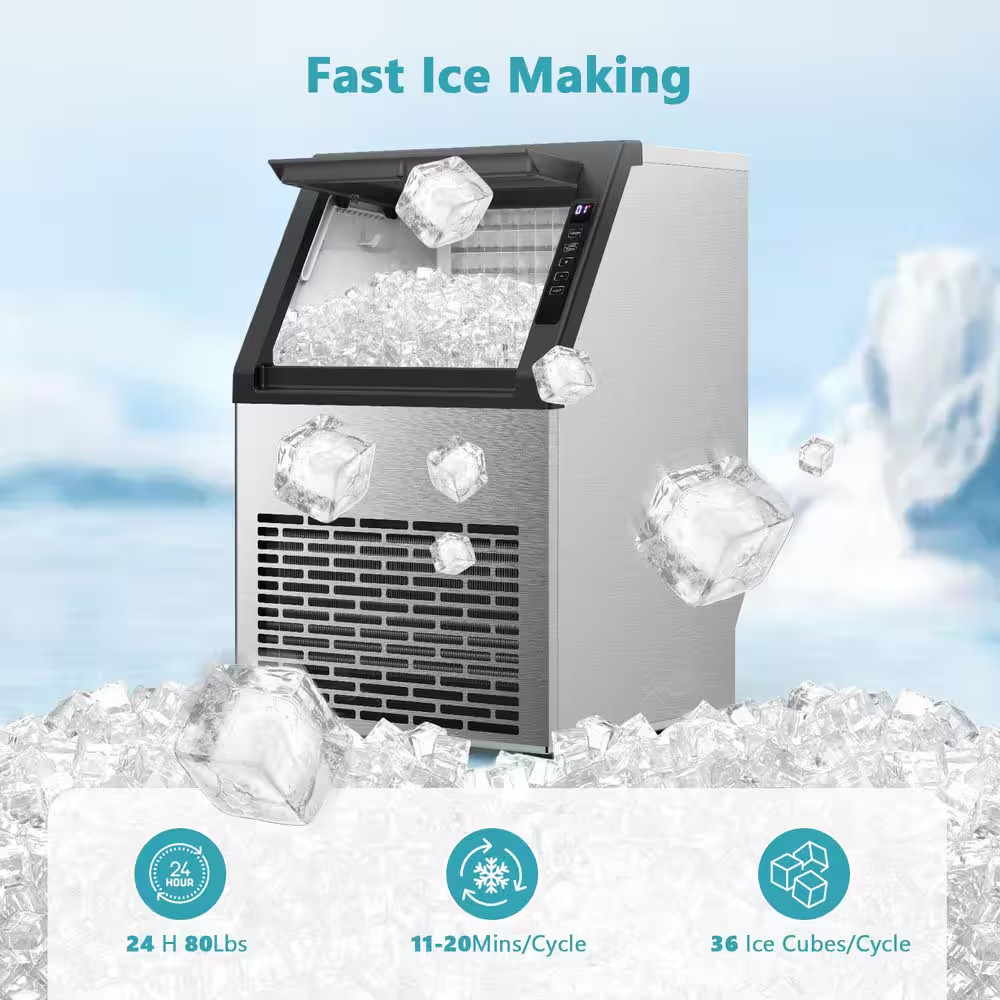 15.27 In. 80Lbs Commercial Cube Ice Maker Machine with 22Lbs Ice Storage Capacit
