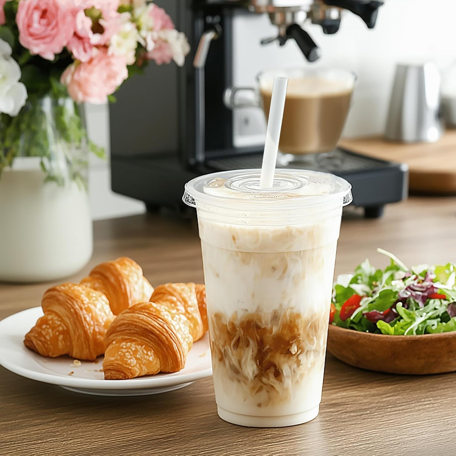 Plastic Clear Cups 24 oz with Lids and Straws 100 Set Disposable-Vaspur & All