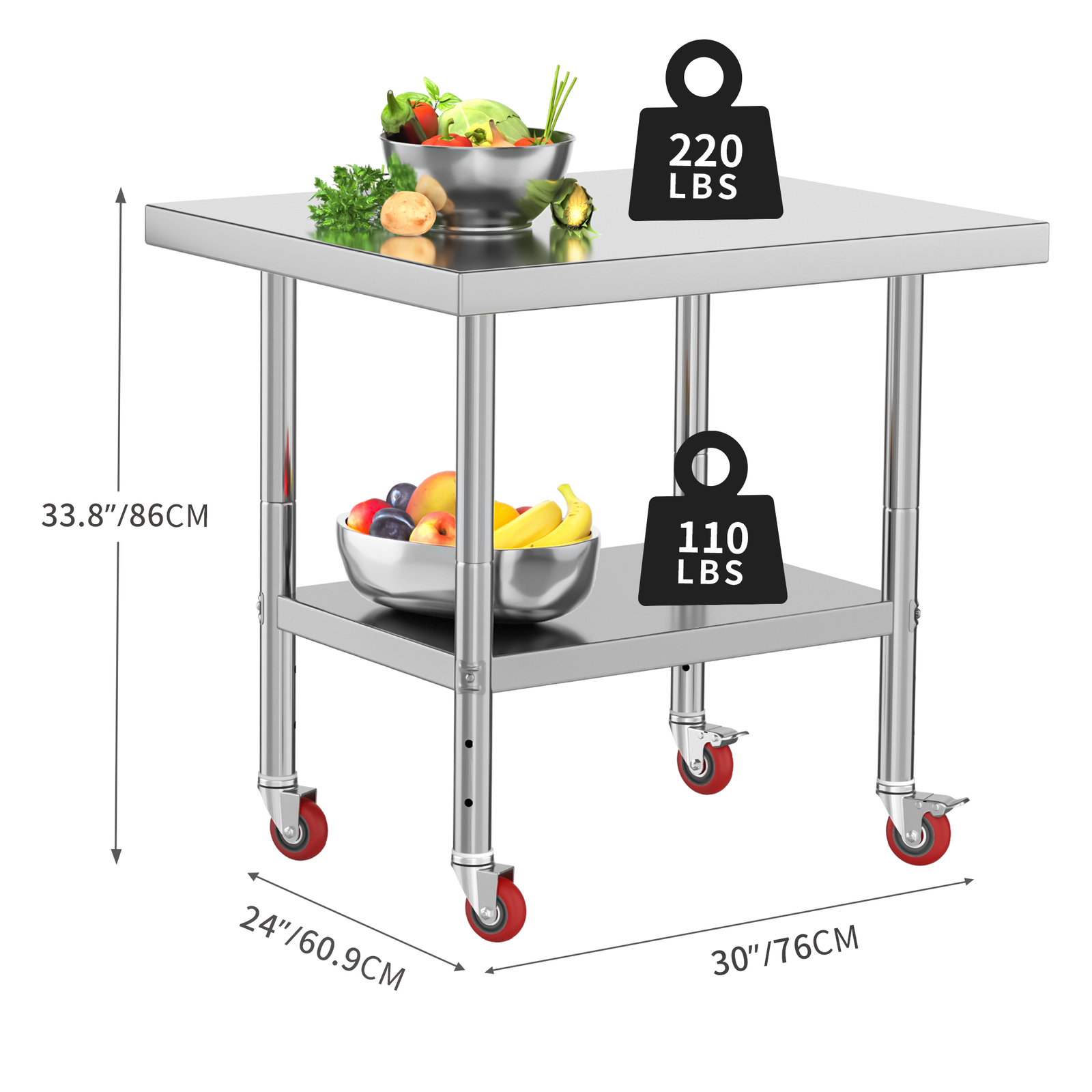 TAUS 30″ X 24″ Stainless Steel Table 2 Shelves Work Prep Table with Wheels