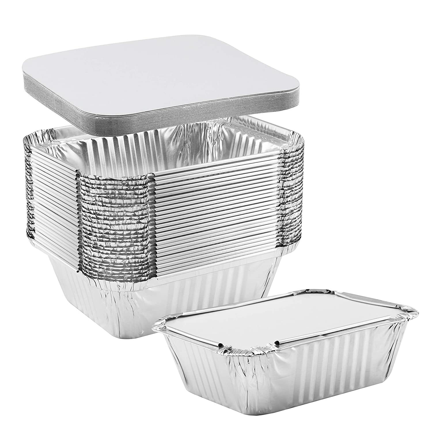 100 Pack 1 lb Oblong Aluminum Foil Take-Out Disposable Pan w/Board Lids