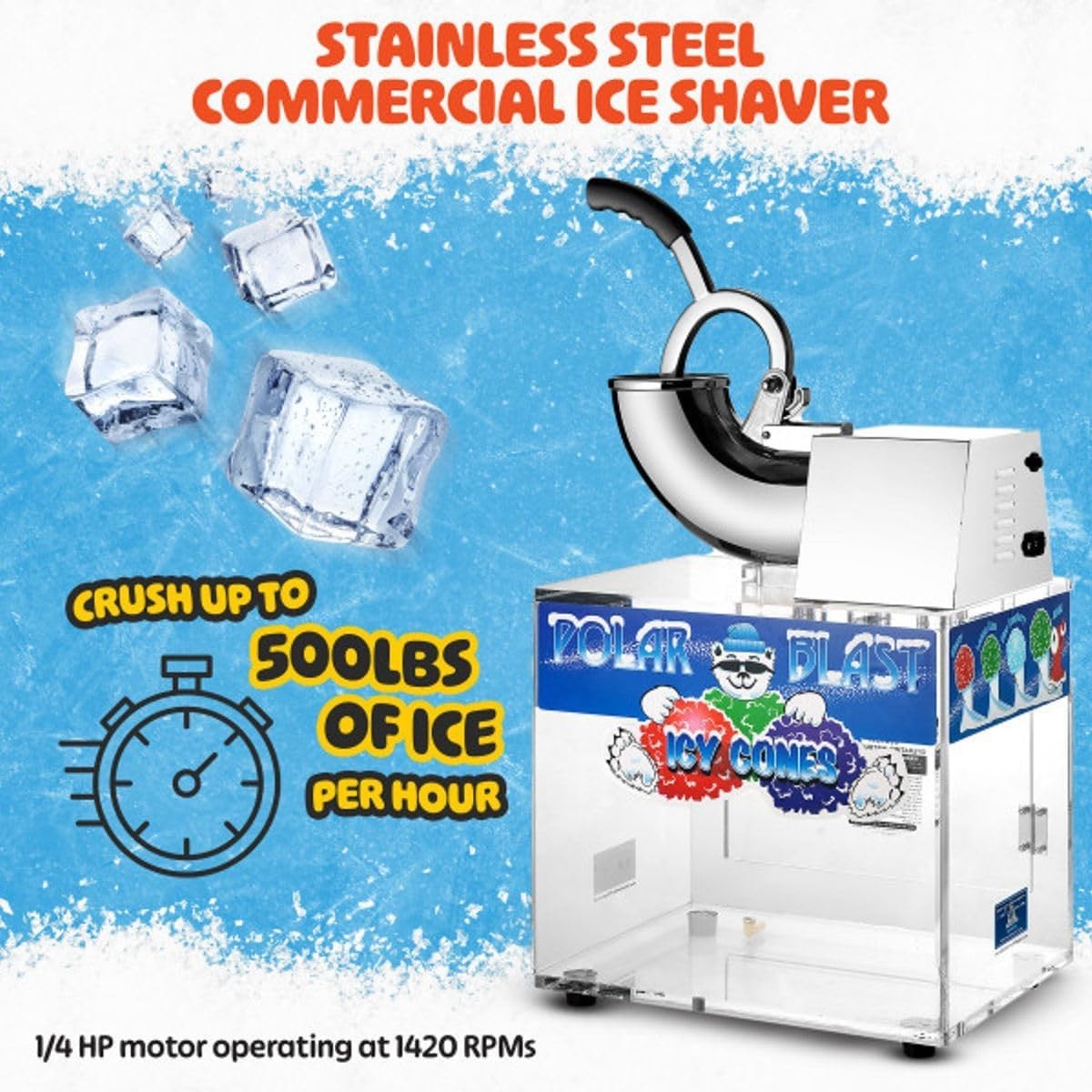 Polar Blast Snow Cone Machine – Acrylic Crushed Ice Maker Grinds Up to 500lbs…