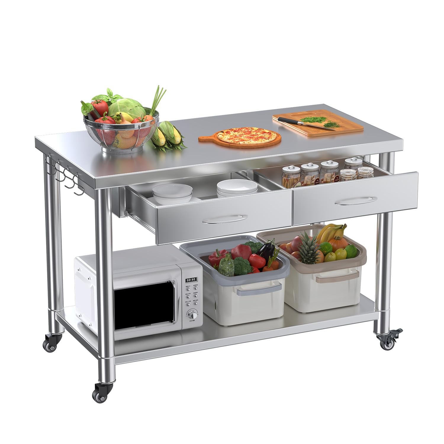 48″x24″ Stainless Steel Work Table with Drawers, Rolling Workbench for Kitchen