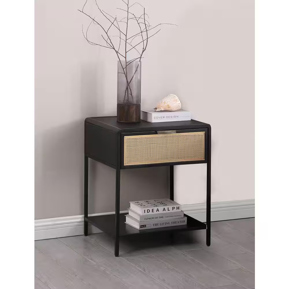 Amherst 20 In. Black Rectangle Wood Top Side Table with Radio Weave Cane Drawer