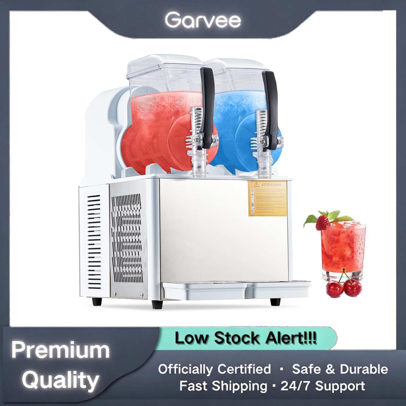 Dual 4L Commercial Slushie Machine, SS Tanks, Self-Cleaning, 370W, 7.2L, Carbon