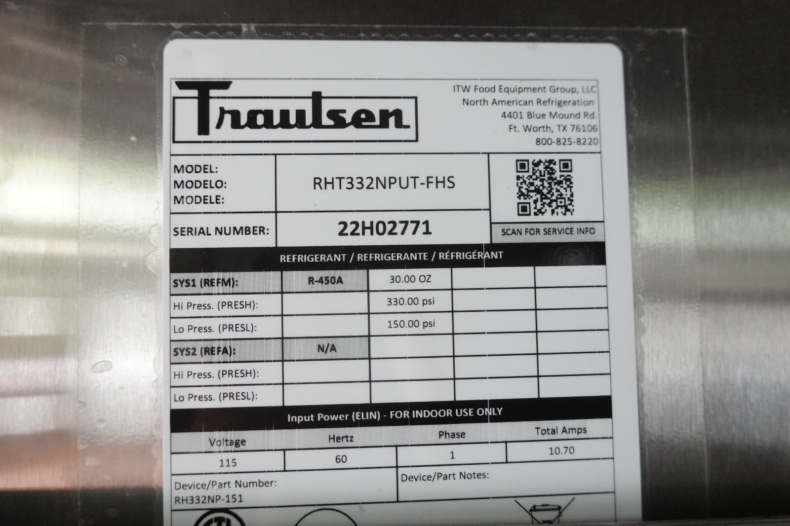 NEW TRAULSEN THREE SECTION SELF-CONTAINED PASS-THRU REFRIGERATOR MODEL RHT332NPU