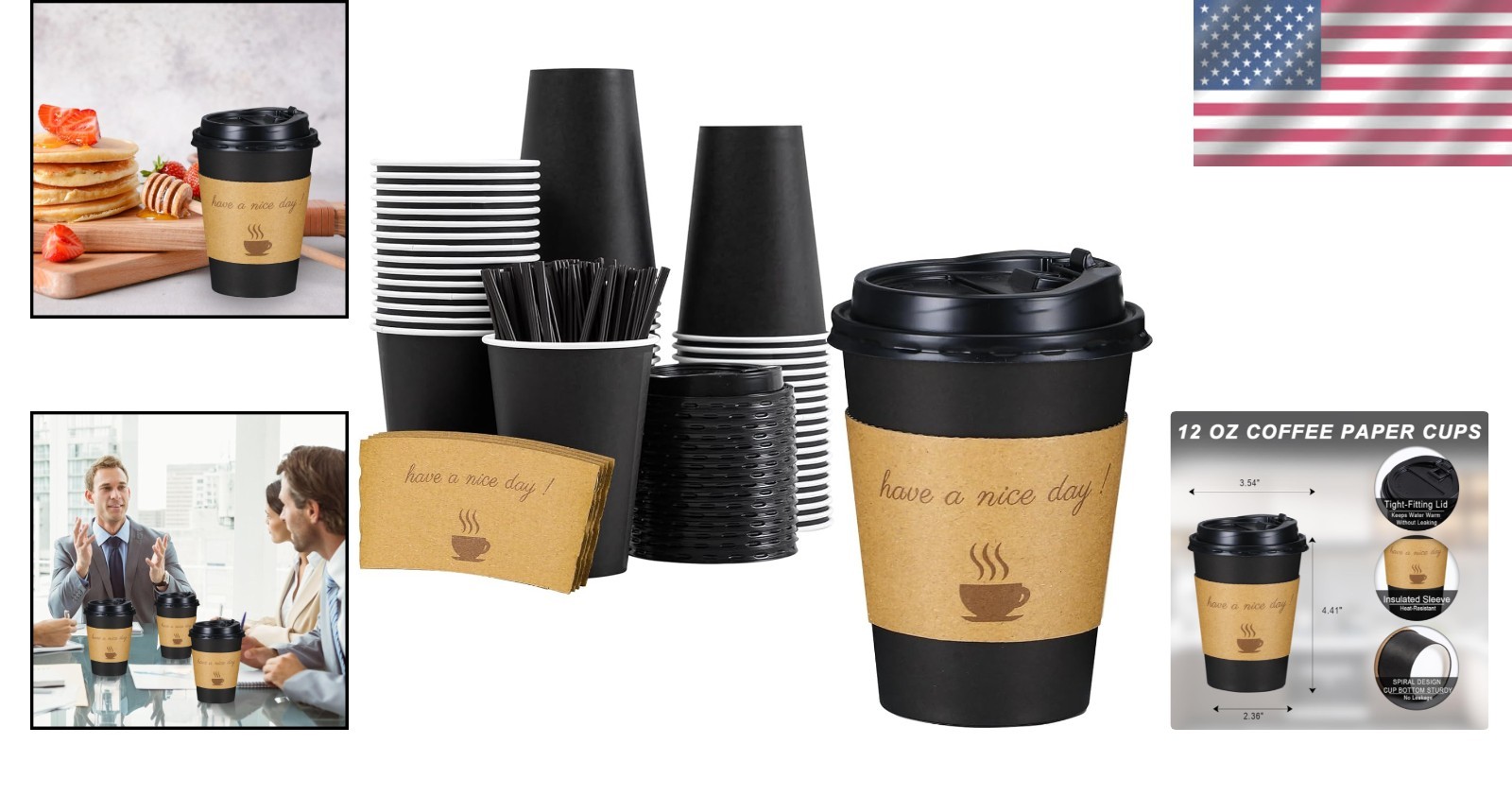 Leak-Proof 12oz Hot Paper Cups with Lids & Sleeves – 50 Pack