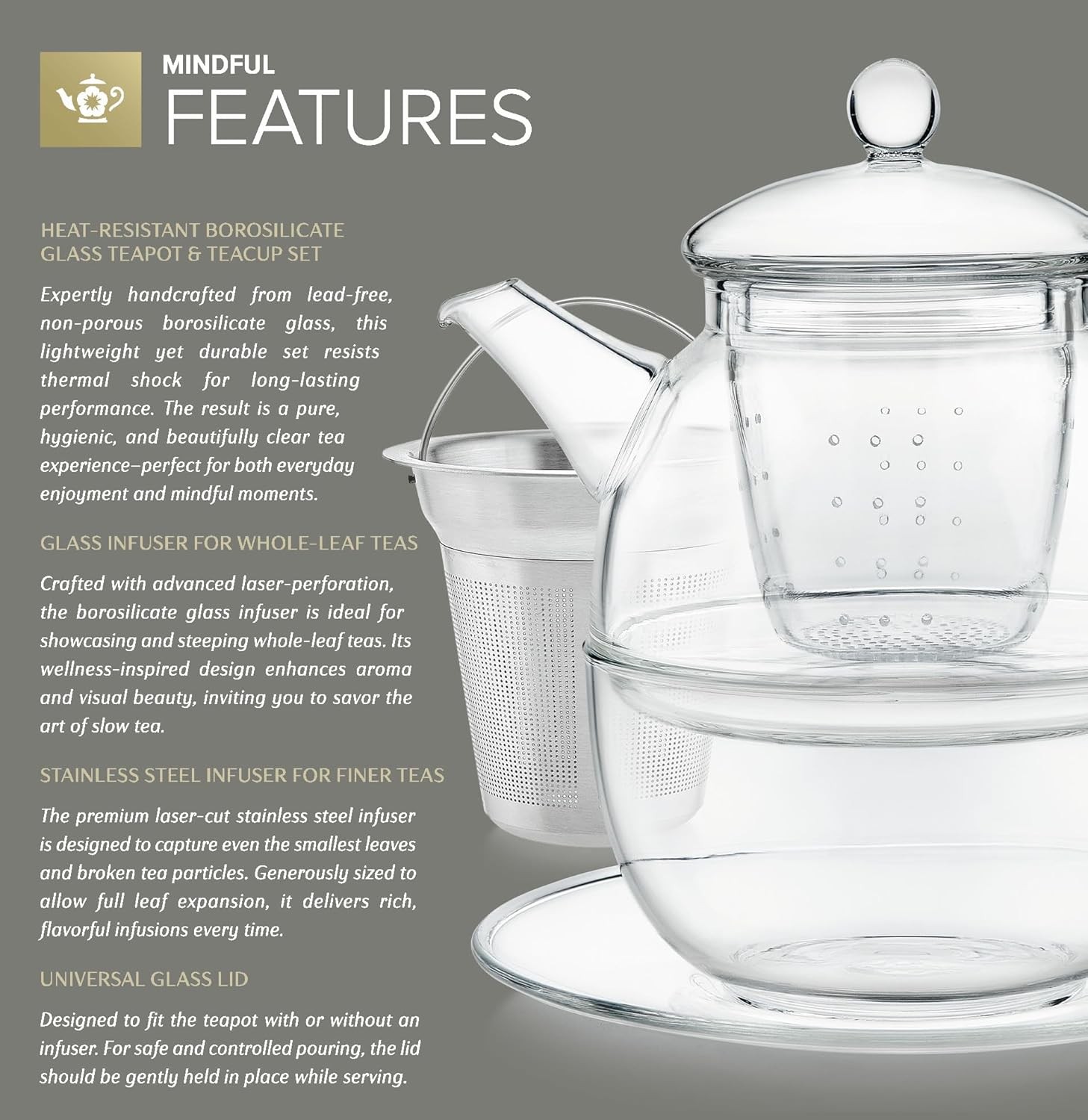 Mindful Tea-for-One Set – 5-Piece Glass Teapot, Matching Cup & Saucer,
