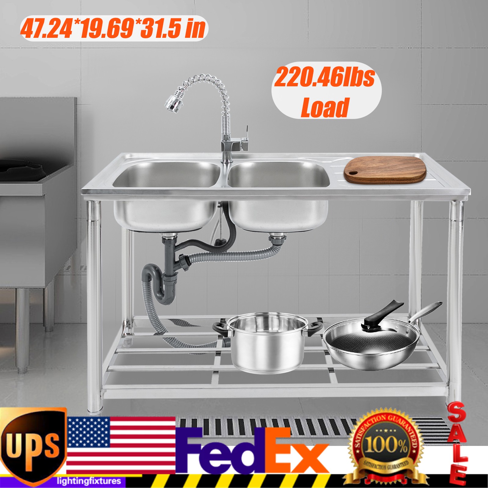 Double Bowl Kitchen Sink Stainless Steel Sink+Pull-out Faucet 120*50*80cm