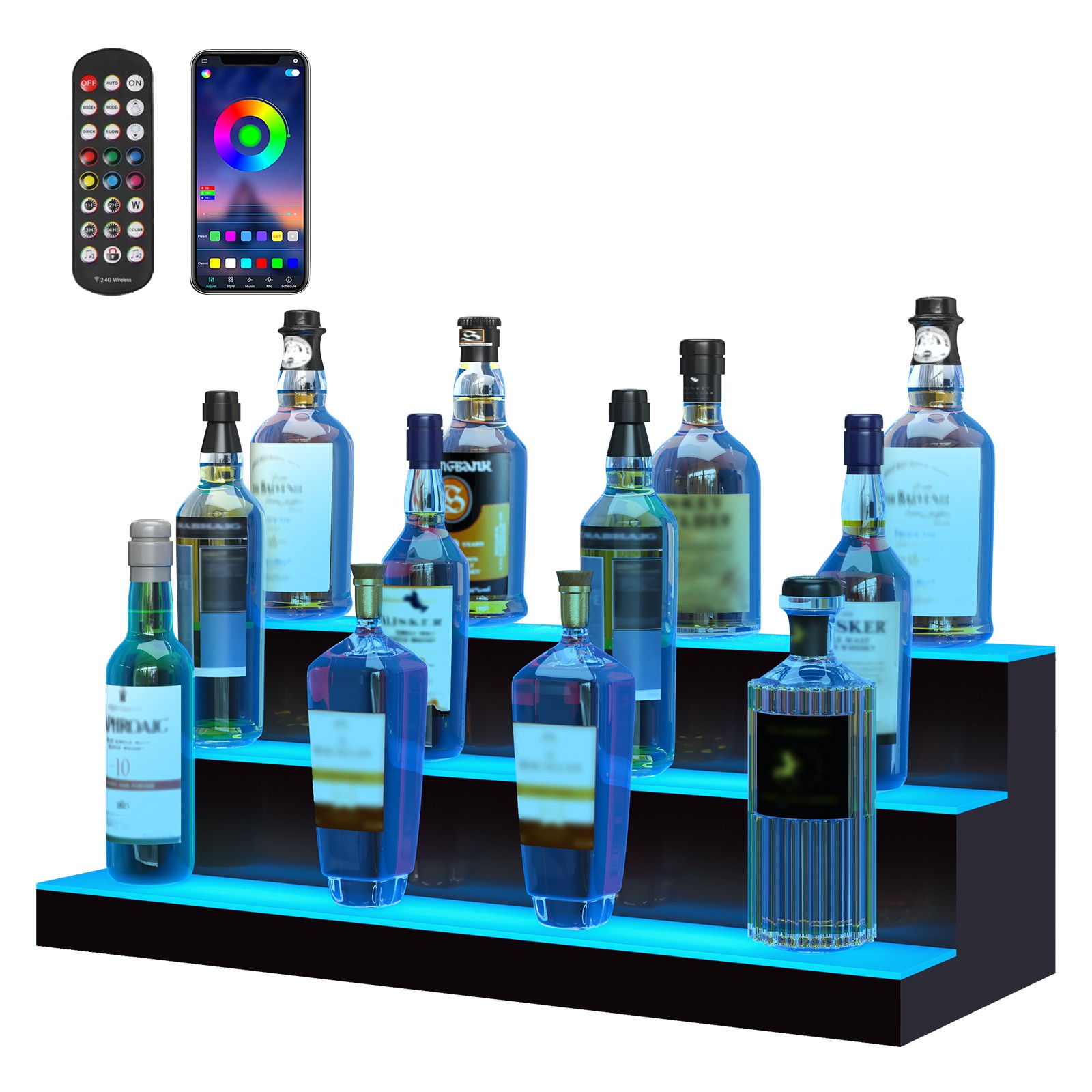 Uimoso 30″ 3-Step LED Lighted Liquor Bottle Display Bar Shelf RF & App Control