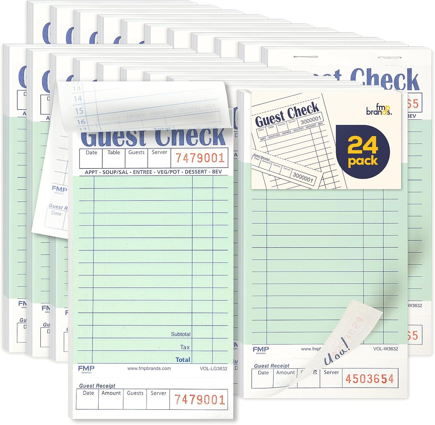 FMP Brands Guest Checks Pads 24 Pack 1200 Orders, Server Note Pads, Light Green