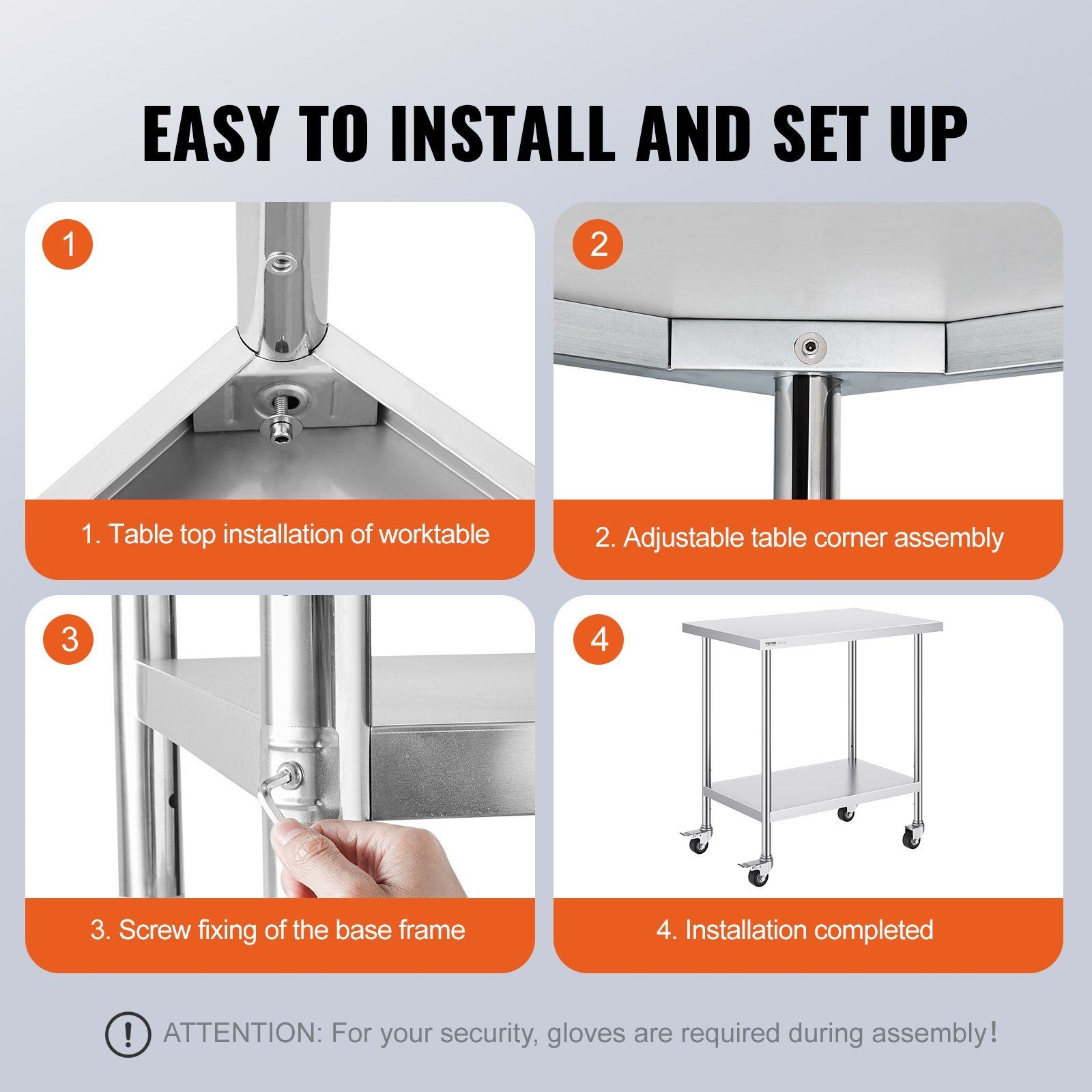 36x24x38in 3-Level Adjustable Stainless Steel Work Table with 4 Wheels