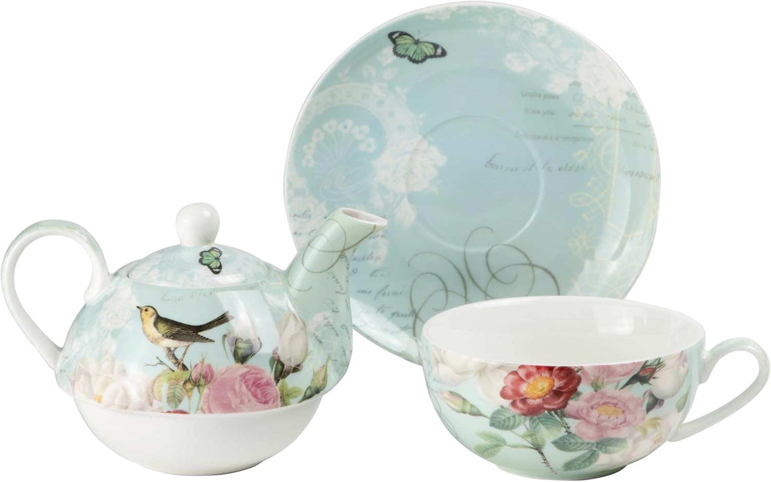 Grace Teaware Porcelain 4-Piece Tea For One (Botanical Blue Bird)