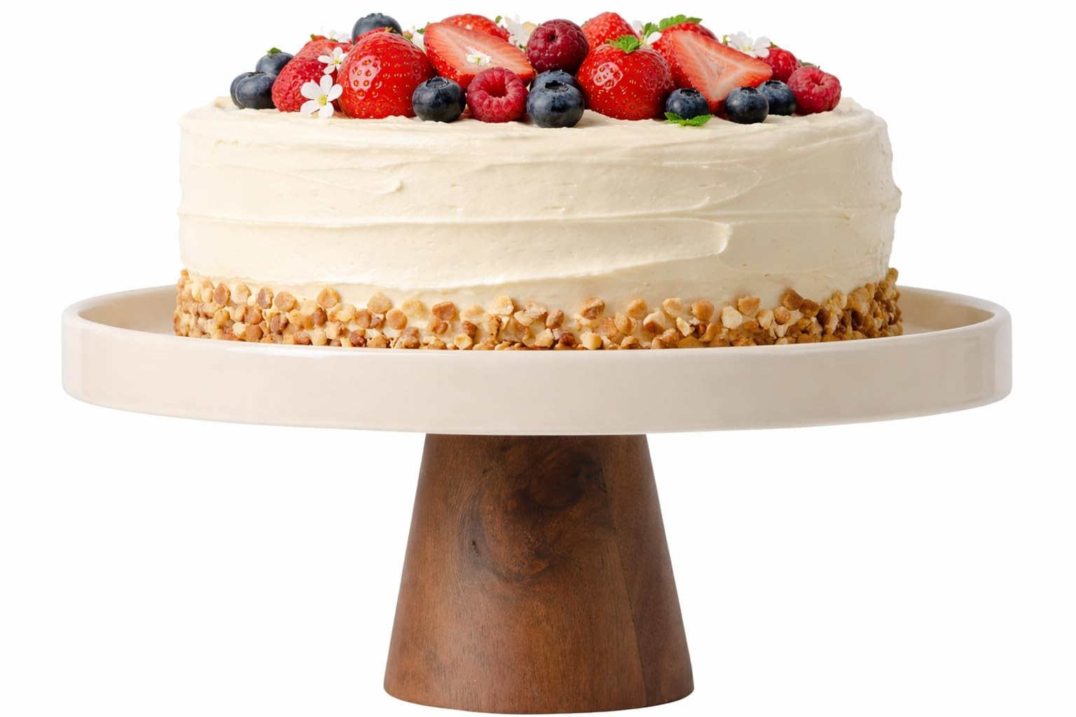 Gibson Elite 10.7-Inch Stoneware Cake Stand Acacia Wood Round Dessert Display