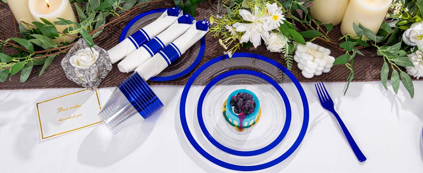 210 Pcs Dark Blue Plastic Plates, Clear Disposable Plates for 30 Guests, Blue