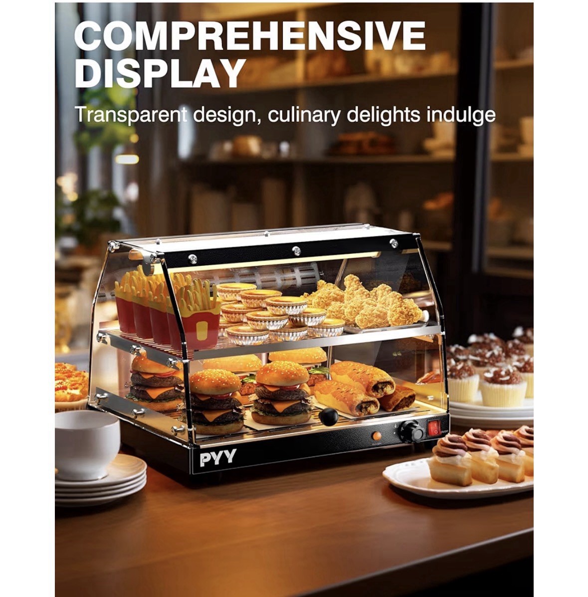 PYY Commercial Food Warmer Display| 2 Tier| LED Lightening